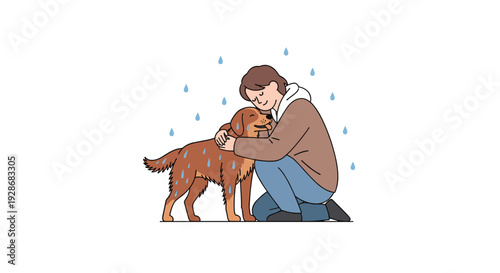 A person wearing a brown jacket and blue pants kneels on the ground to embrace a wet brown dog while blue raindrops fall around them.