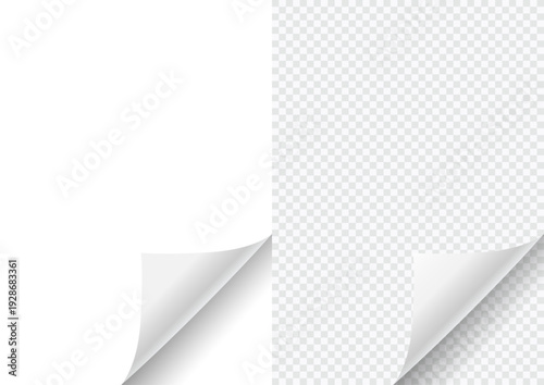 Blank page with curled edge corner and shadow, rolled up stickers, peel banners, bent sheet, page curl with shadow on blank sheet, curled page corner isolated on transparent and white background