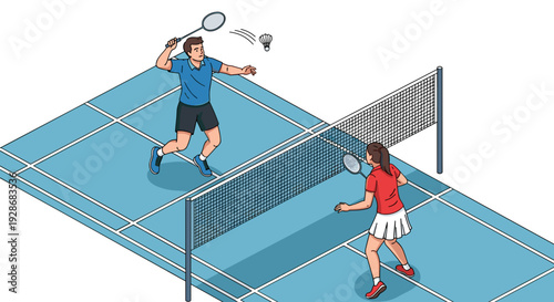 Man and Woman Playing Tennis on Court.