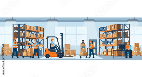 Warehouse Workers Operating Forklift and Shelves.