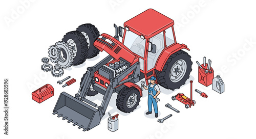 Mechanic Repairing Red Tractor with Tools.