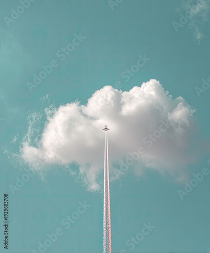 Airplane Ascending Through Clouds Leaving Contrail
