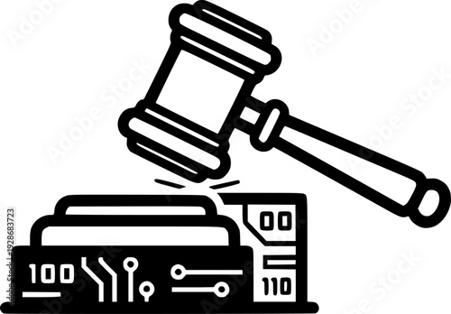 Cyber Law Concept Gavel Hitting Digital Block for Internet Regulations Vector
