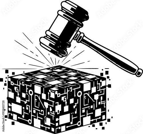 Cyber Law Concept Gavel Hitting Digital Block for Internet Regulations Vector
