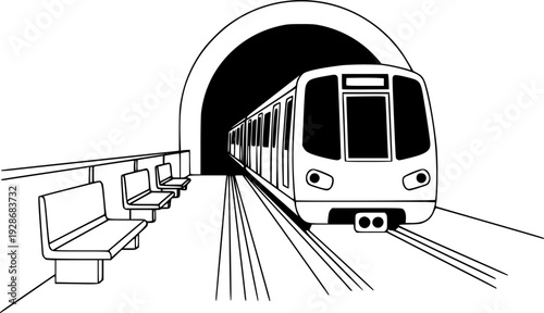 Modern Metro Subway Train Vector - Underground Transit System with Platform and Tunnel Line Illustration
