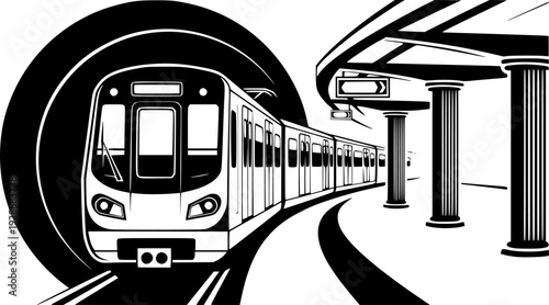 Modern Metro Subway Train Vector - Underground Transit System with Platform and Tunnel Line Illustration
