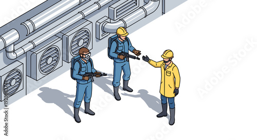 Three Workers in Uniforms and Hardhats.