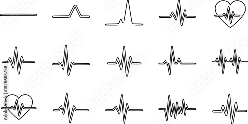 Heartbeat Pulse and ECG Rhythm Line Vector Icon Set
