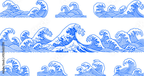 set of japanese wave element. asian border isolated on a white background.

