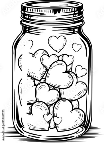 Rustic mason jar filled with love hearts vector illustration black and white
