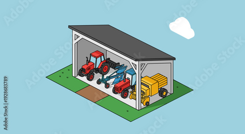 Tractors and Truck in Garage Storage.