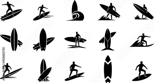 Set of Minimalist black surfboard water sport silhouette vector icon
