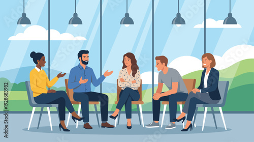 Diverse group of business people sitting in a circle during office meeting, discussing project ideas and collaborating on strategy