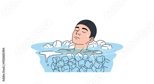 A man wearing a black swim cap rests with his eyes closed while submerged in a cold water bath filled with many white ice cubes.