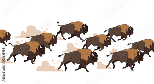 A herd of brown bison gallops across a white field while kicking up small beige dust clouds in a dynamic flat vector illustration style.