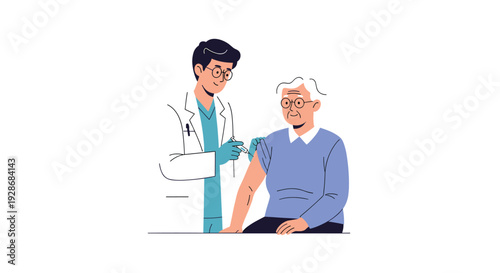 A male doctor in a white lab coat and blue scrubs administers a vaccine injection into the arm of an elderly man wearing a blue sweater.