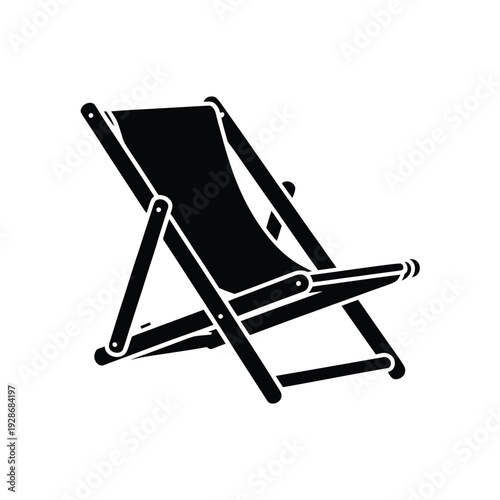 A black silhouette of a foldable deck chair rests against a white background.