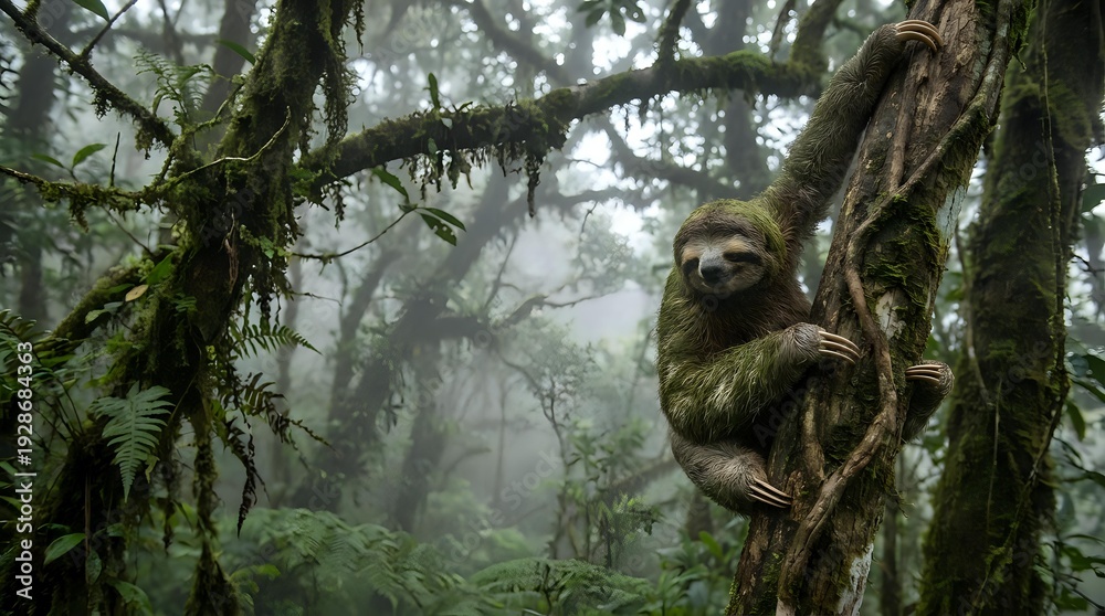 Obraz premium Sloth hanging on moss-covered tree branch in misty tropical rainforest. Wildlife photography showcasing slow-moving mammal in natural cloud forest habitat.