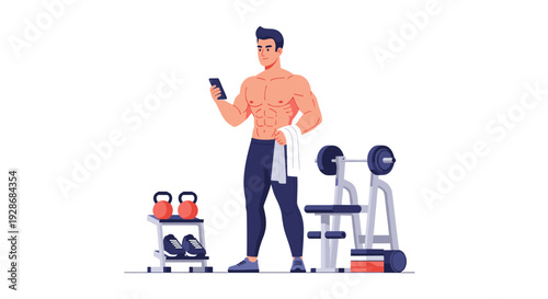 A shirtless muscular man looks at his smartphone while holding a towel next to a weight bench and a rack of red kettlebells in a gym.