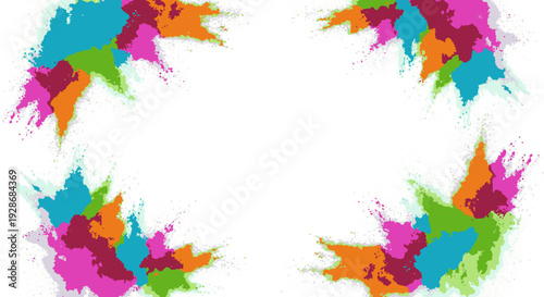 Vibrant colorful paint splatter border frame on white background for creative design