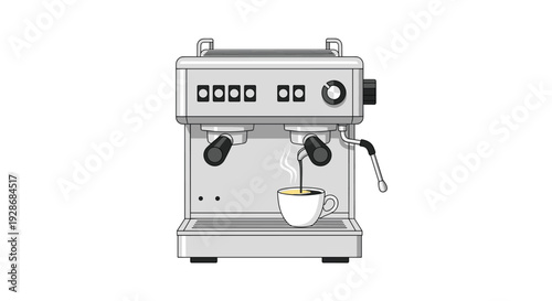 A silver professional espresso machine pours dark coffee into a white ceramic cup on a drip tray with steam rising from the liquid.