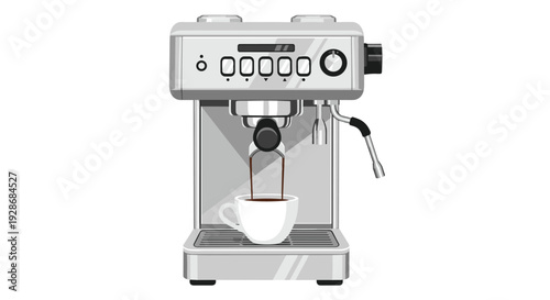 A compact silver espresso machine with a digital interface pours a stream of coffee into a white cup placed on a metal drip tray.