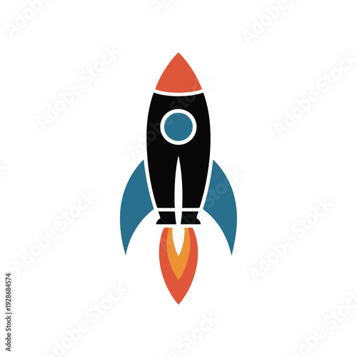 A stylized rocket ship with flames erupting from its base takes off into the sky.