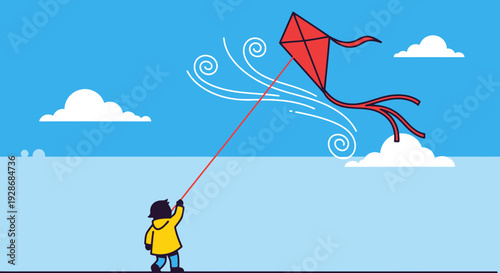 Child flying red kite in clear blue sky with white clouds