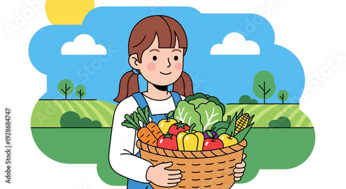 Happy farmer holding basket of fresh vegetables and fruits
