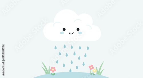 Happy cloud raining on flowers in serene landscape