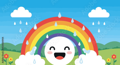 Cheerful smiling face under colorful rainbow on rainy day with flowers