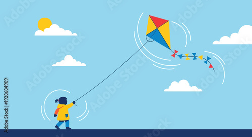 Happy child flying colorful kite on sunny day with fluffy clouds