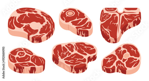 Six various cuts of raw red beef with white marbling and fat edges are arranged in two rows against a solid white background.