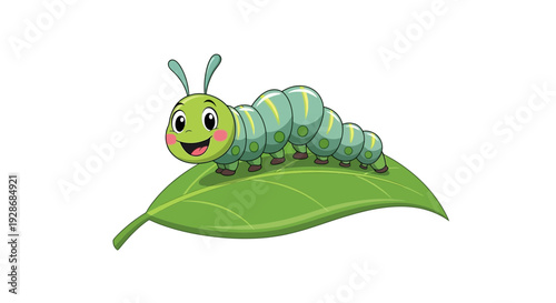 Cute cartoon caterpillar on green leaf smiling happily outdoors