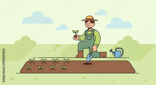 Farmer planting seedlings in garden with shovel and watering can nearby