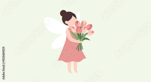 Delightful fairy holding vibrant pink tulips bouquet