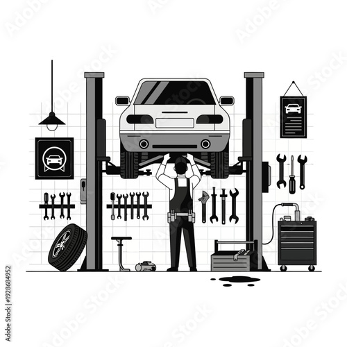 Mechanic Working Under Car on Lift in Auto Repair Shop