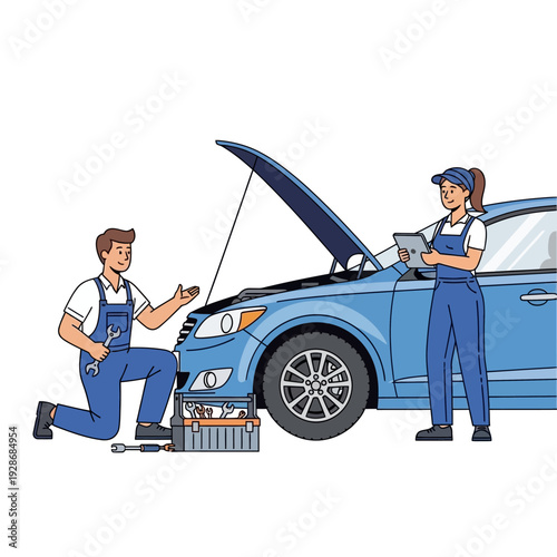 Mechanics Repairing Blue Car Engine Hood Open