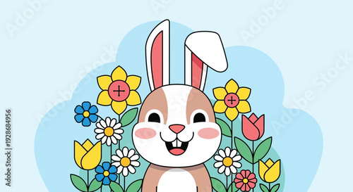 Cute bunny surrounded by colorful spring flowers smiling happily