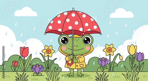 Cute frog in raincoat holding colorful umbrella on rainy day