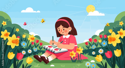 Little girl painting flowers in sunny meadow with colorful blooms