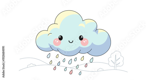 Cute smiling cloud with colorful raindrops in a cheerful landscape