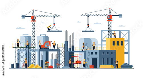 Industrial workers in yellow safety vests manage a complex construction project featuring red tower cranes and large storage tanks under a white sky.