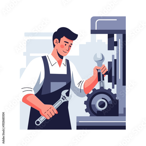 Mechanic working on machinery with wrench, industrial repair and maintenance concept