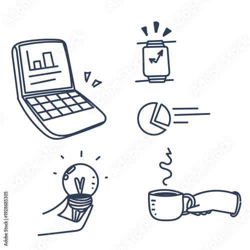 hand drawn doodle business related contain wristwatch, laptop, coffee and data collection