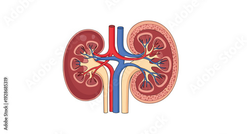 A detailed anatomical cross-section of two human kidneys shows the internal structures connected to red and blue blood vessels on a white background.