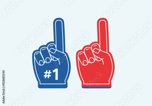Two foam fingers, one blue with a white '#1' and one red, are shown side-by-side against a light blue background.