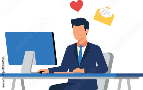 Businessman in Blue Suit Working on Desktop Computer Sending Love Message and Email in Modern Office Vector Illustration