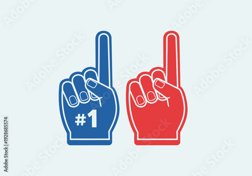 Two foam fingers, one blue with #1 and one red, symbolizing victory or being number one in a competition.