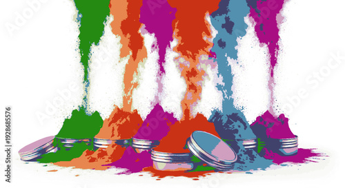Colorful powder exploding from silver containers on white background vibrant holi celebration concept